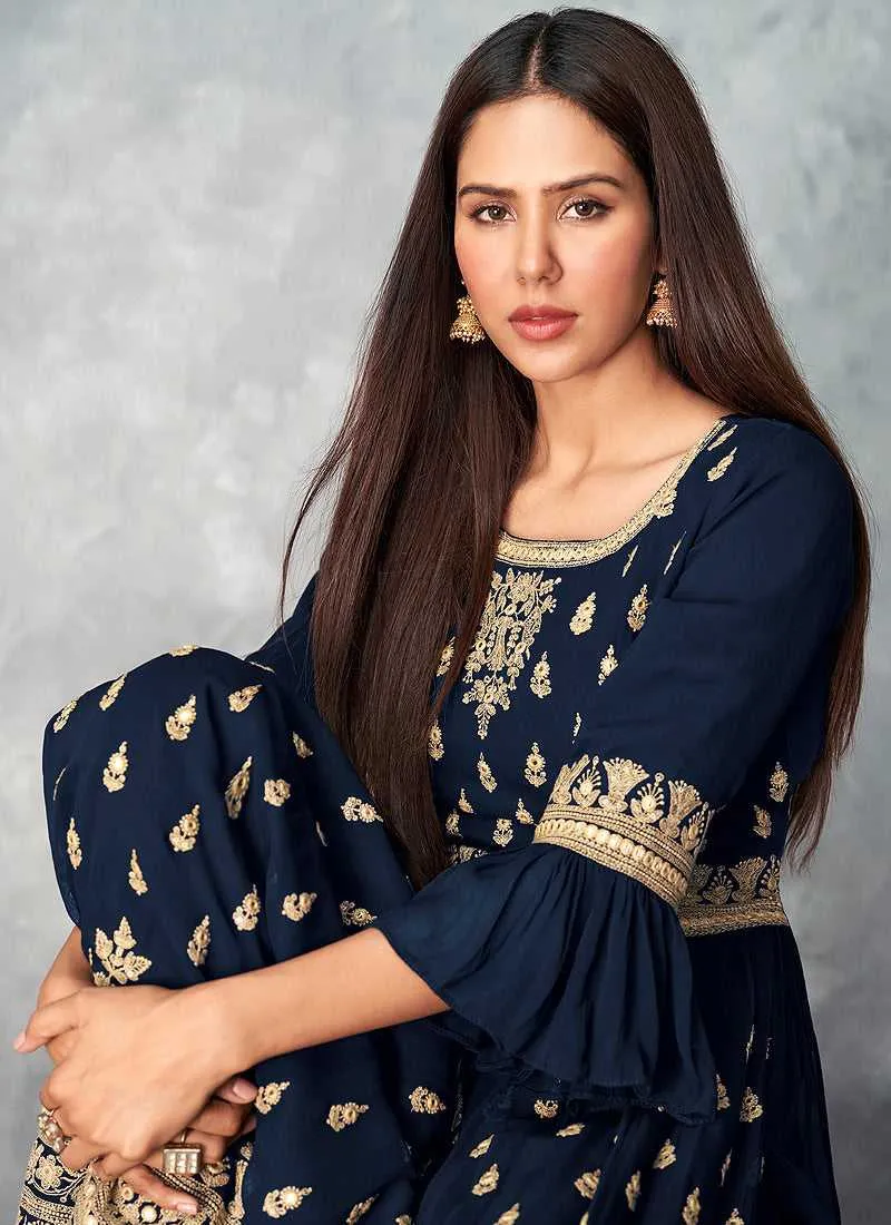 Blue and Gold Heavy Embroidered Stylish Palazzo Suit