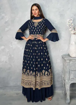 Blue and Gold Heavy Embroidered Stylish Palazzo Suit