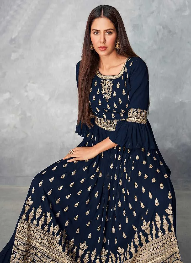 Blue and Gold Heavy Embroidered Stylish Palazzo Suit