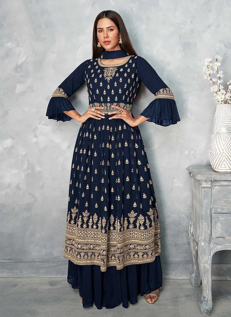 Blue and Gold Heavy Embroidered Stylish Palazzo Suit