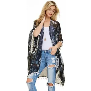 Blue Floral Print Fringe Open Kimono Shawl Cardigan Kaftan Poncho Cover-Up Vest