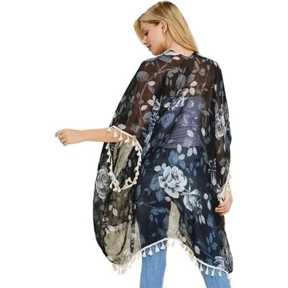 Blue Floral Print Fringe Open Kimono Shawl Cardigan Kaftan Poncho Cover-Up Vest