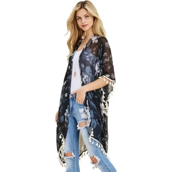 Blue Floral Print Fringe Open Kimono Shawl Cardigan Kaftan Poncho Cover-Up Vest