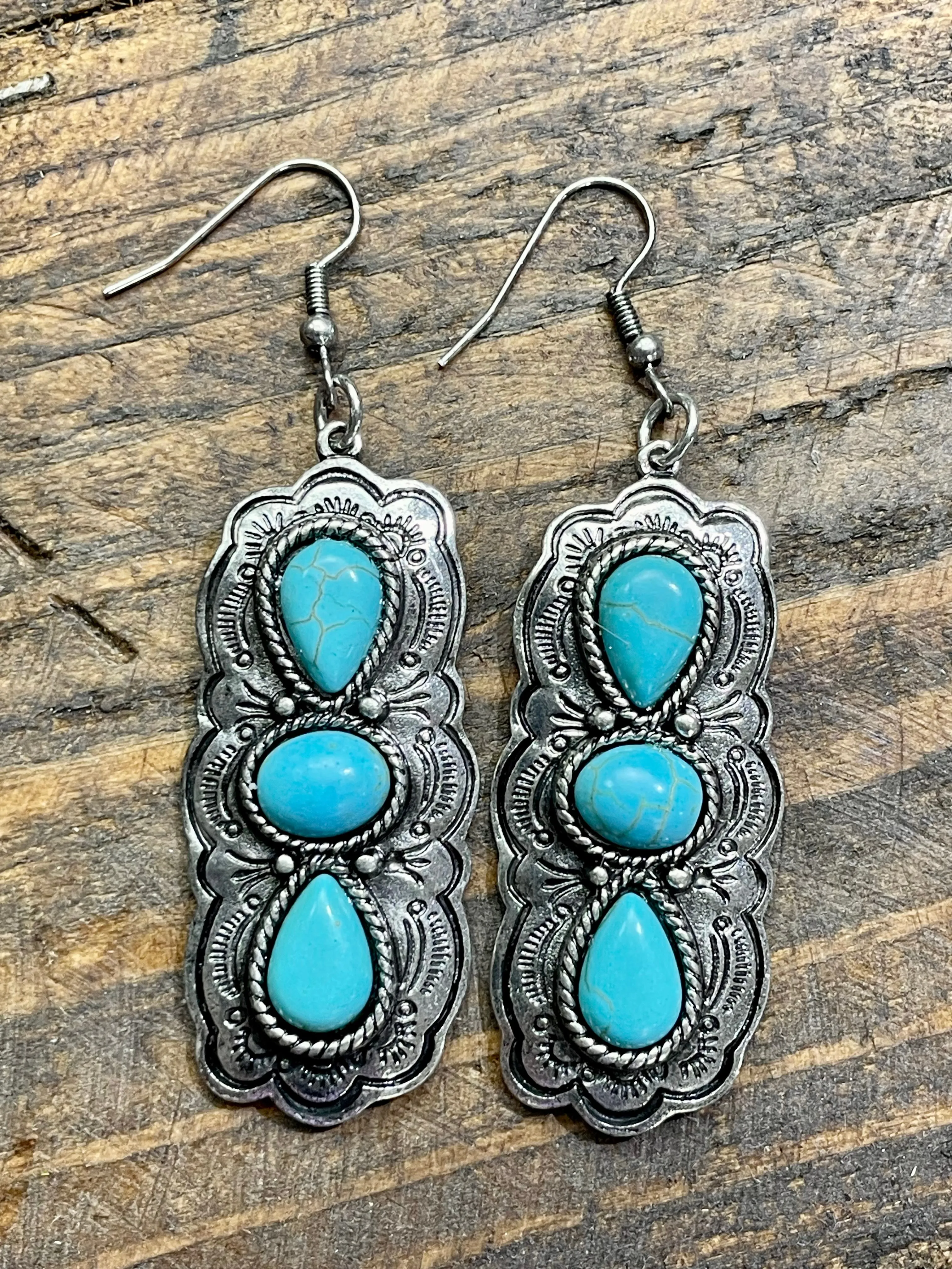 Brahma Fashion Silver Triple Stone Fish Hook Earrings - Turquoise
