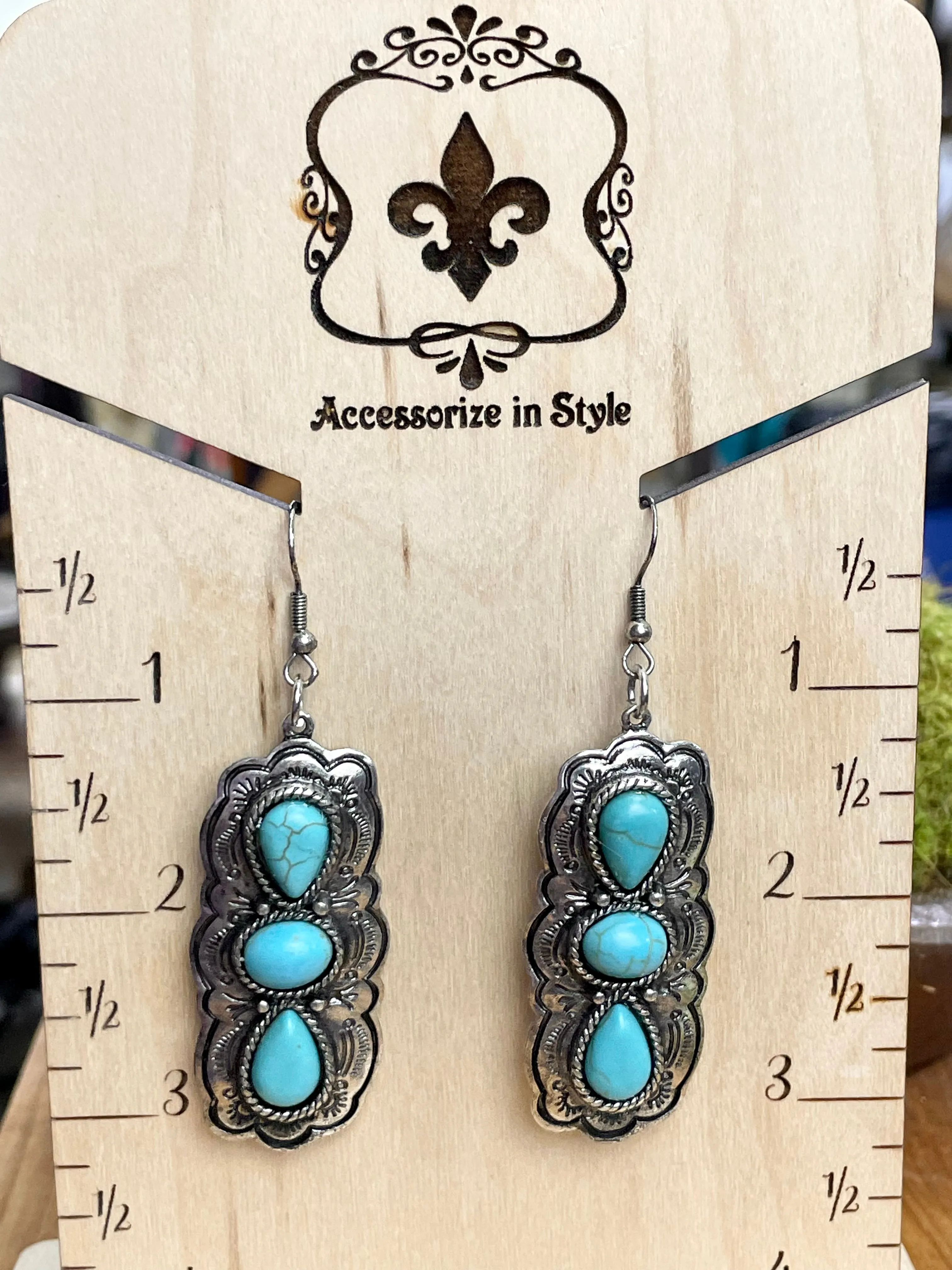 Brahma Fashion Silver Triple Stone Fish Hook Earrings - Turquoise