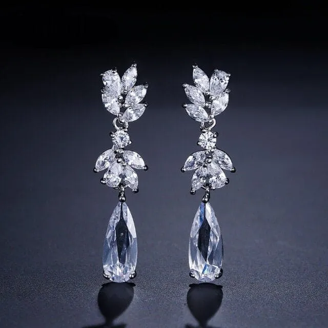 Bridal 14K Gold Plated CZ Diamond Earrings, Crystal Dangle Teardrop Studs, Bridesmaid Fashion Diamond Gem Stud Earrings