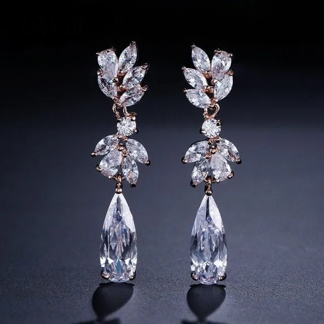 Bridal 14K Gold Plated CZ Diamond Earrings, Crystal Dangle Teardrop Studs, Bridesmaid Fashion Diamond Gem Stud Earrings