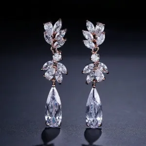 Bridal 14K Gold Plated CZ Diamond Earrings, Crystal Dangle Teardrop Studs, Bridesmaid Fashion Diamond Gem Stud Earrings