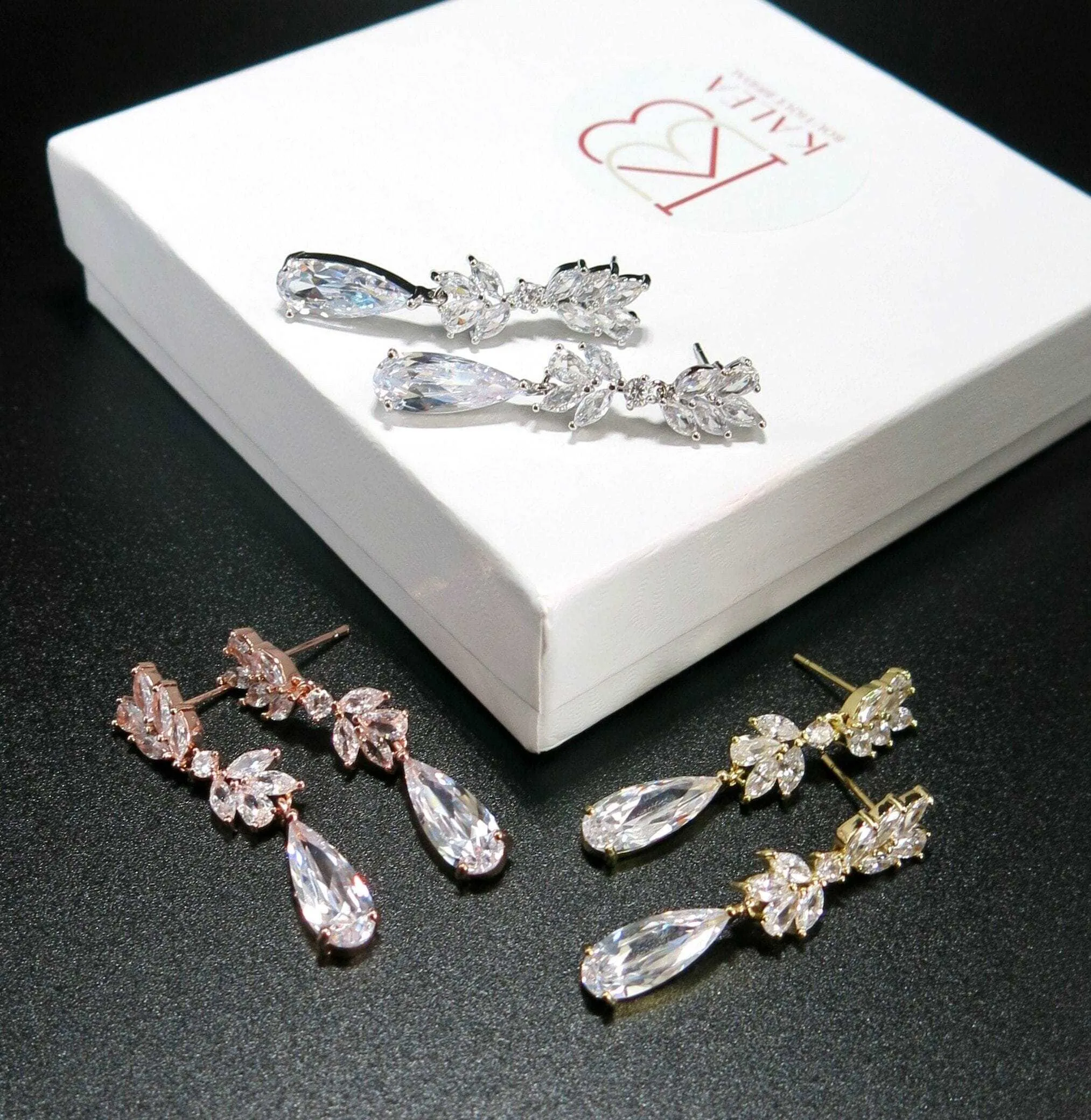 Bridal 14K Gold Plated CZ Diamond Earrings, Crystal Dangle Teardrop Studs, Bridesmaid Fashion Diamond Gem Stud Earrings