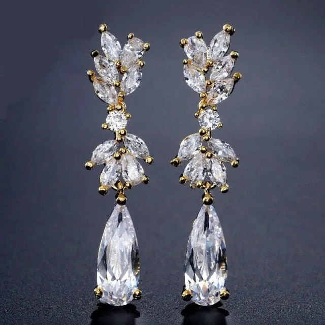Bridal 14K Gold Plated CZ Diamond Earrings, Crystal Dangle Teardrop Studs, Bridesmaid Fashion Diamond Gem Stud Earrings