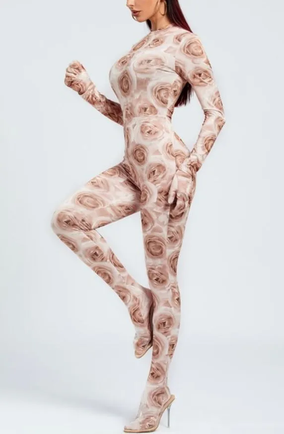 Brown Floral Rose Printed Jumpsuit