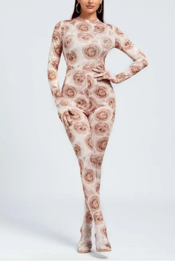 Brown Floral Rose Printed Jumpsuit