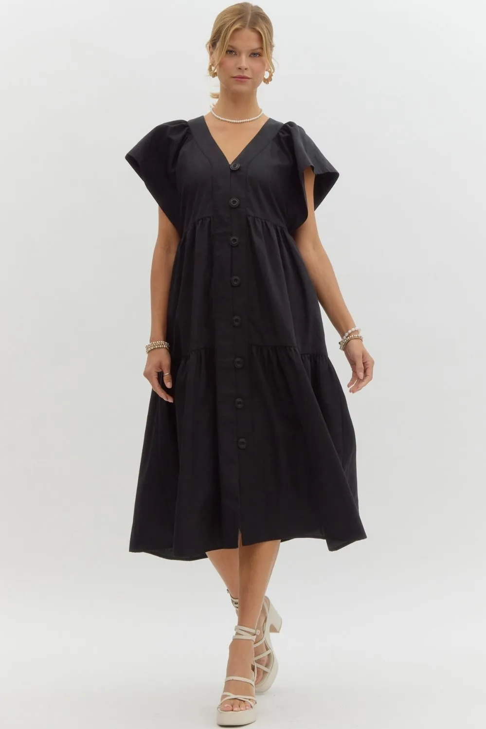 CALLIE LONG BUTTON-UP DRESS - BLACK