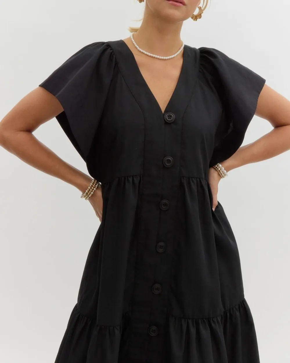CALLIE LONG BUTTON-UP DRESS - BLACK