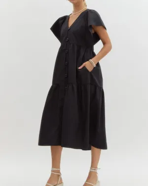 CALLIE LONG BUTTON-UP DRESS - BLACK
