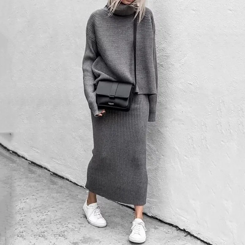 Casual Fashion Two Pieces Knitted Sweaters & Skirts