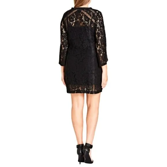 City Chic Innocent  black long sleeve lace shift dress 24