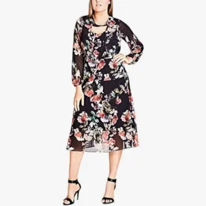 City Chic NWT Size 14 Black Divine Rose Sheer Long Sleeve Fall Midi Dress