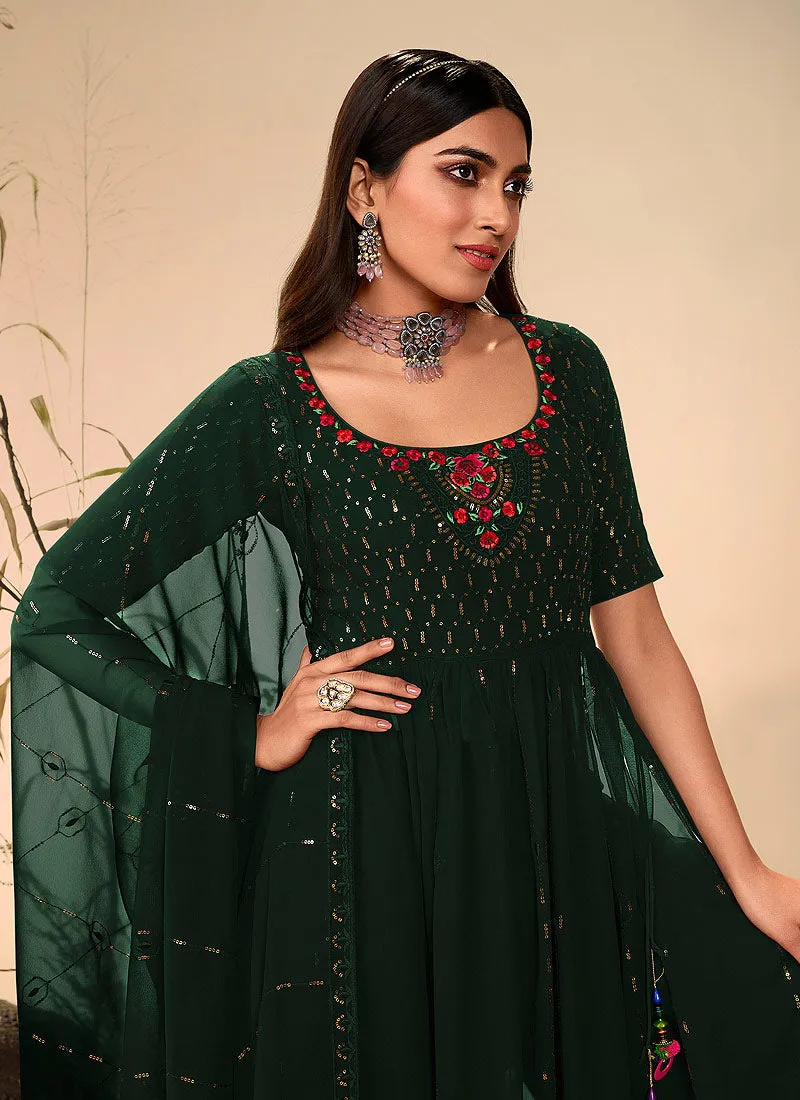 Dark Green Embroidered Stylish Palazzo Suit