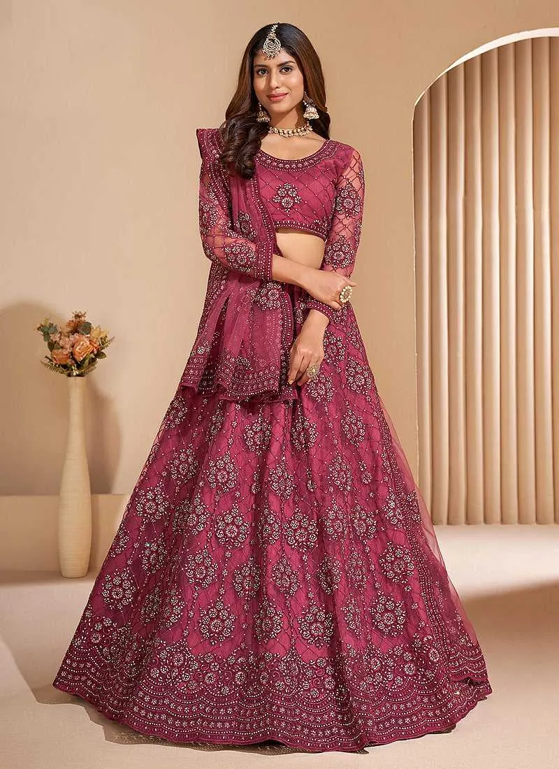 Dark Pink Floral Embroidered Stylish Lehenga Choli