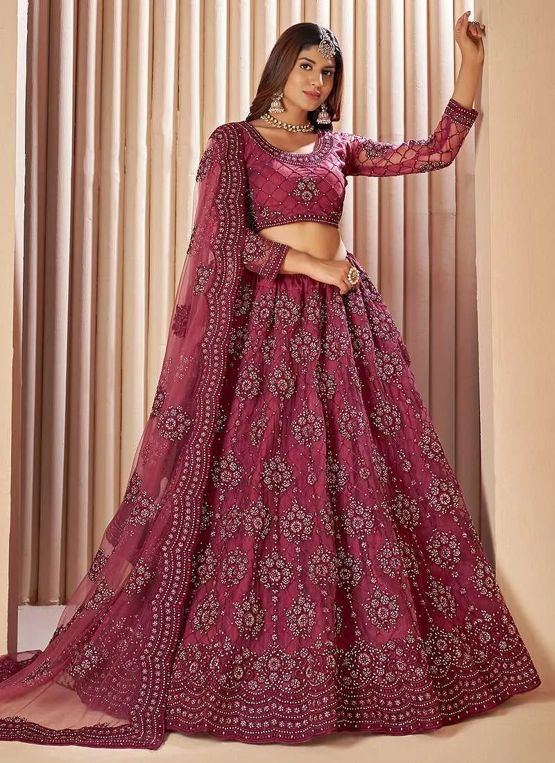 Dark Pink Floral Embroidered Stylish Lehenga Choli