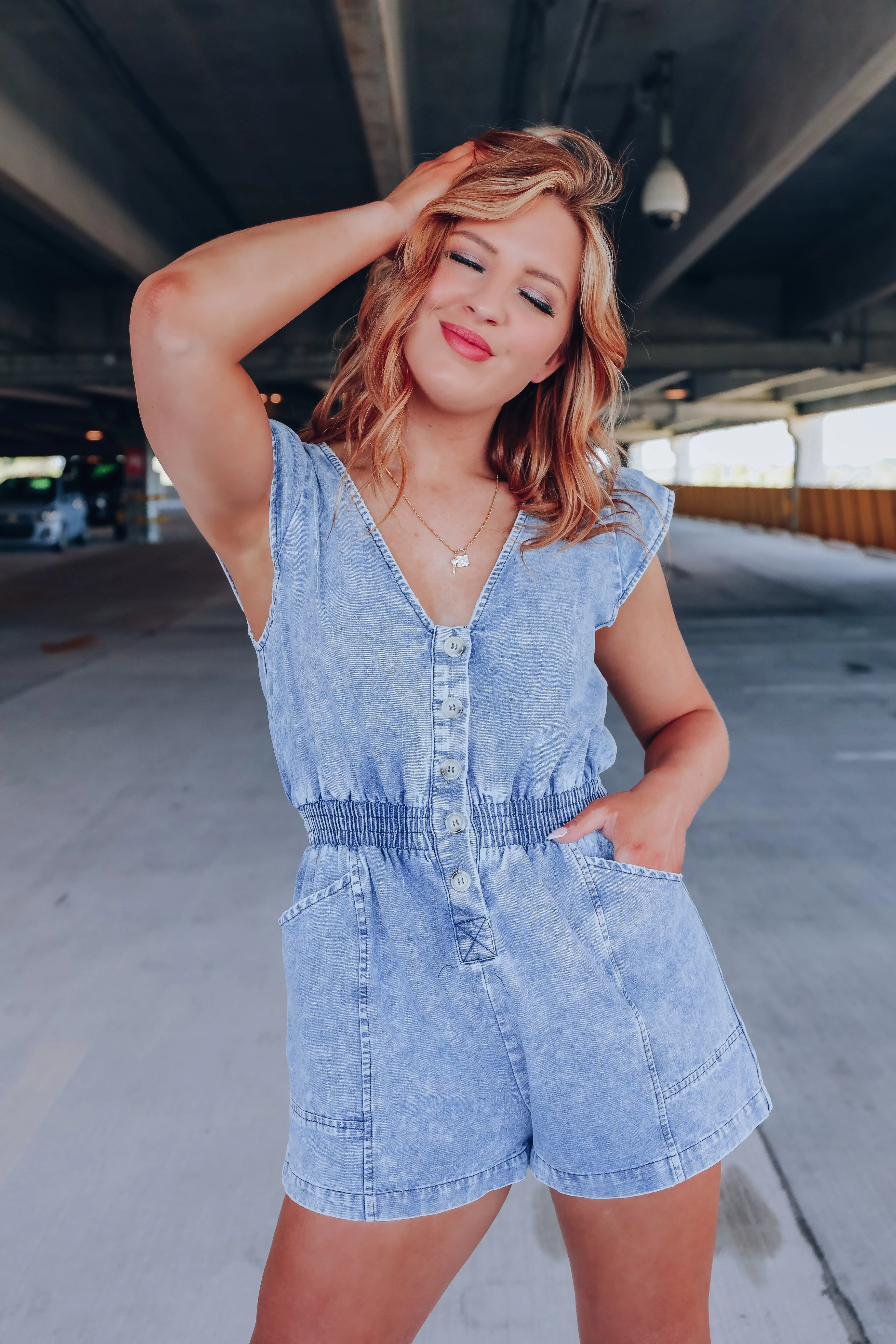 Day Dreaming Cap Sleeve Denim Romper