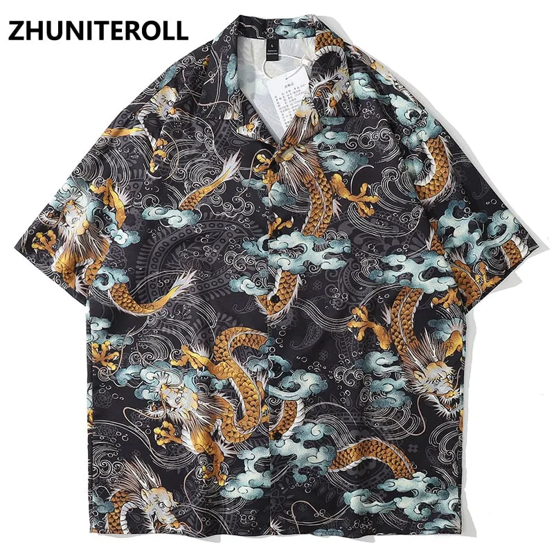 Dragon Clouds Print Hawaiian Beach Shirts Hip Hop Short Sleeve Button Up Streetwear Japanese Shirt Mens Fashion Clothing Trends