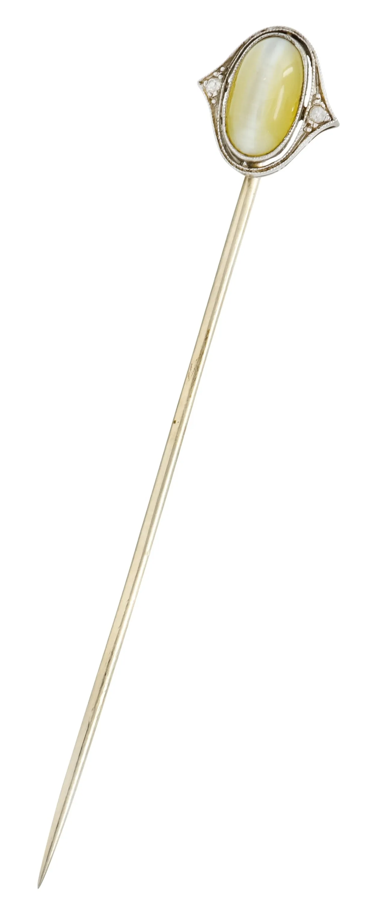 Edwardian Cat's Eye Chrysoberyl Diamond Platinum 14 Karat Gold Cabochon Stickpin
