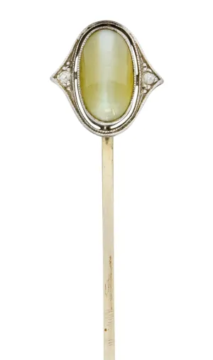 Edwardian Cat's Eye Chrysoberyl Diamond Platinum 14 Karat Gold Cabochon Stickpin