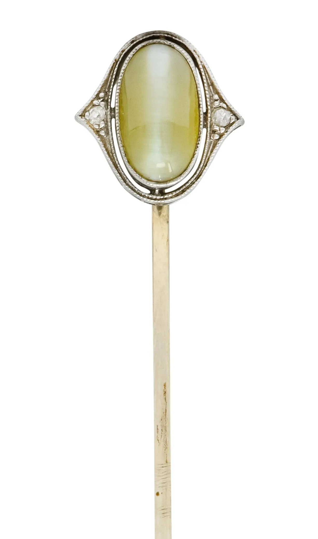Edwardian Cat's Eye Chrysoberyl Diamond Platinum 14 Karat Gold Cabochon Stickpin