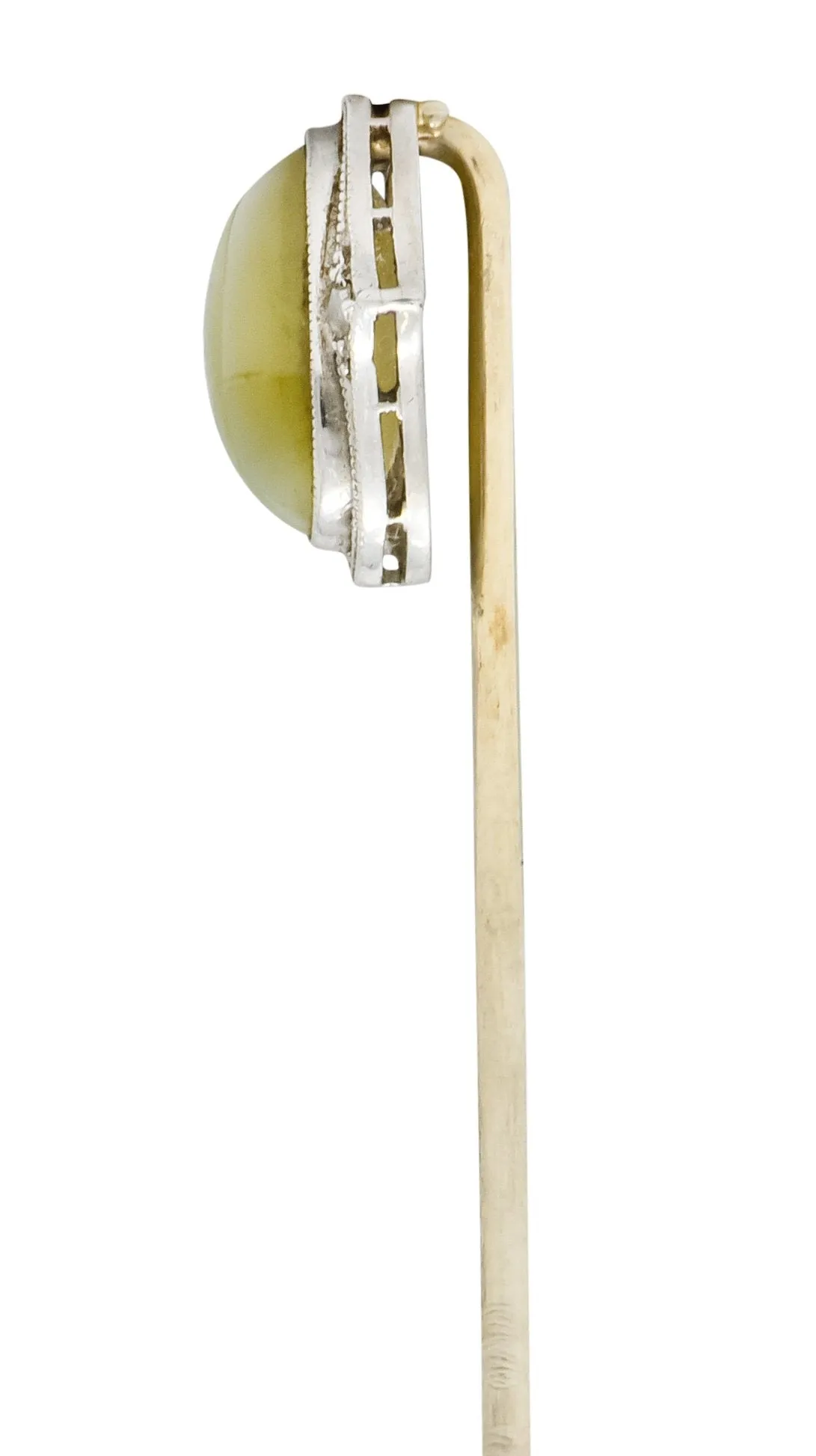 Edwardian Cat's Eye Chrysoberyl Diamond Platinum 14 Karat Gold Cabochon Stickpin
