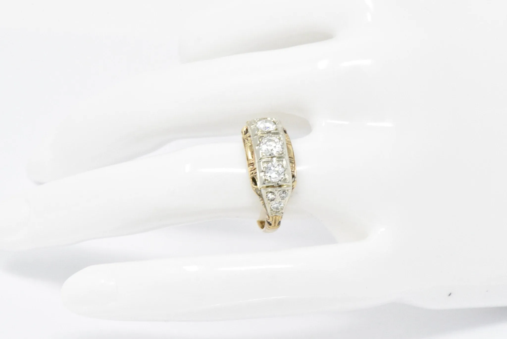 Edwardian European Cut Diamond Rose & Yellow Gold Diamond Three Stone Ring