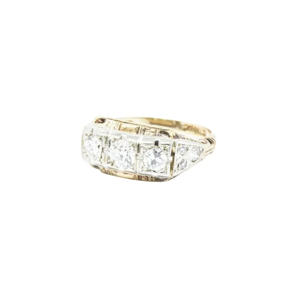 Edwardian European Cut Diamond Rose & Yellow Gold Diamond Three Stone Ring