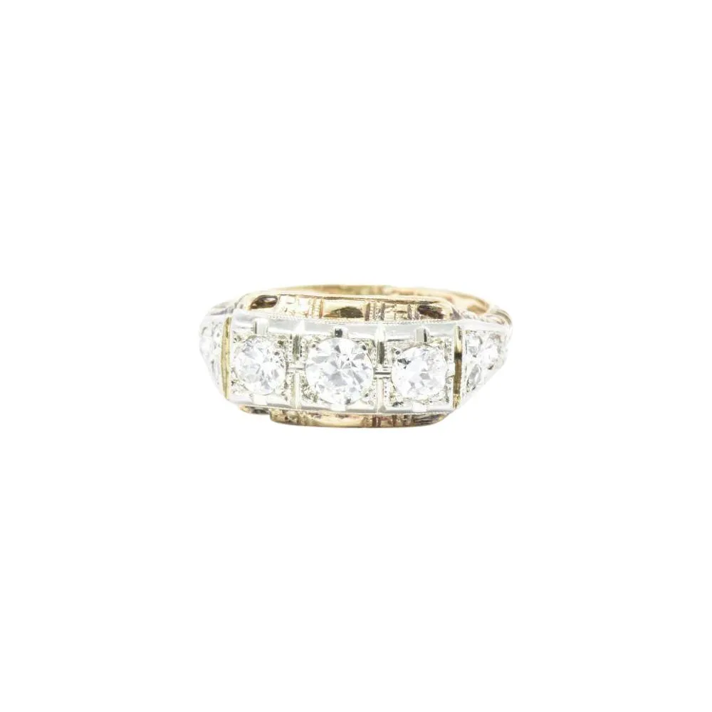 Edwardian European Cut Diamond Rose & Yellow Gold Diamond Three Stone Ring