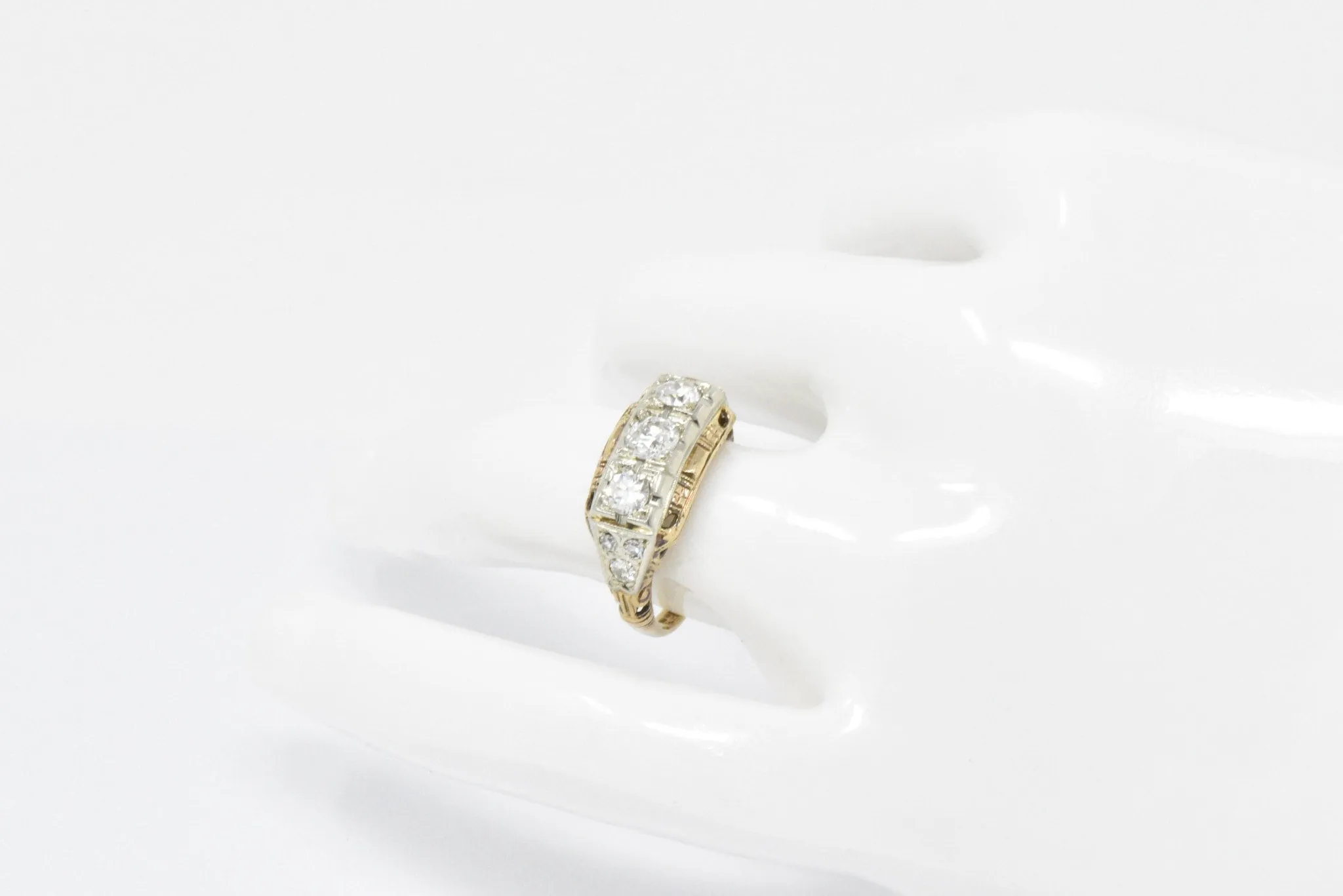 Edwardian European Cut Diamond Rose & Yellow Gold Diamond Three Stone Ring