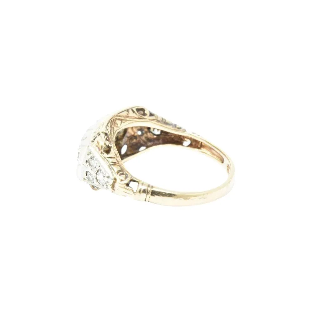 Edwardian European Cut Diamond Rose & Yellow Gold Diamond Three Stone Ring