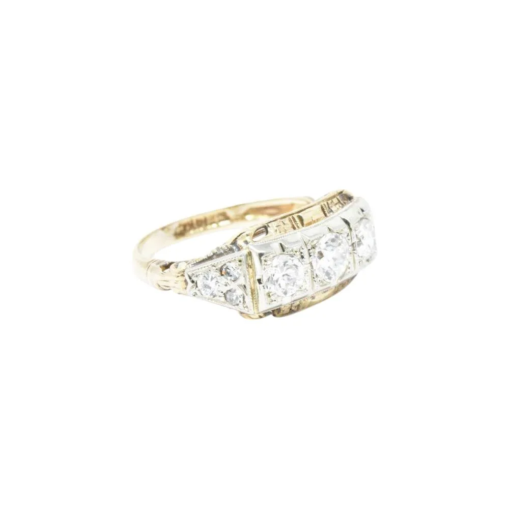 Edwardian European Cut Diamond Rose & Yellow Gold Diamond Three Stone Ring