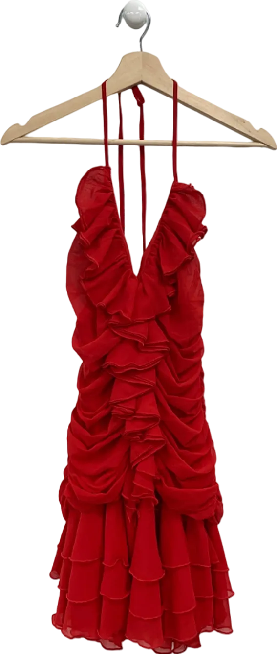 Fashion Nova Red Ruffled Halter Dress UK S