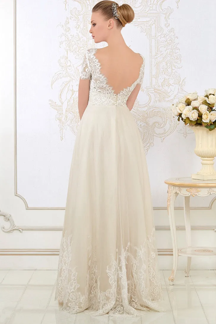 Floor-Length V-Neck Appliqued Short-Sleeve Lace Wedding Dress-MK_706100