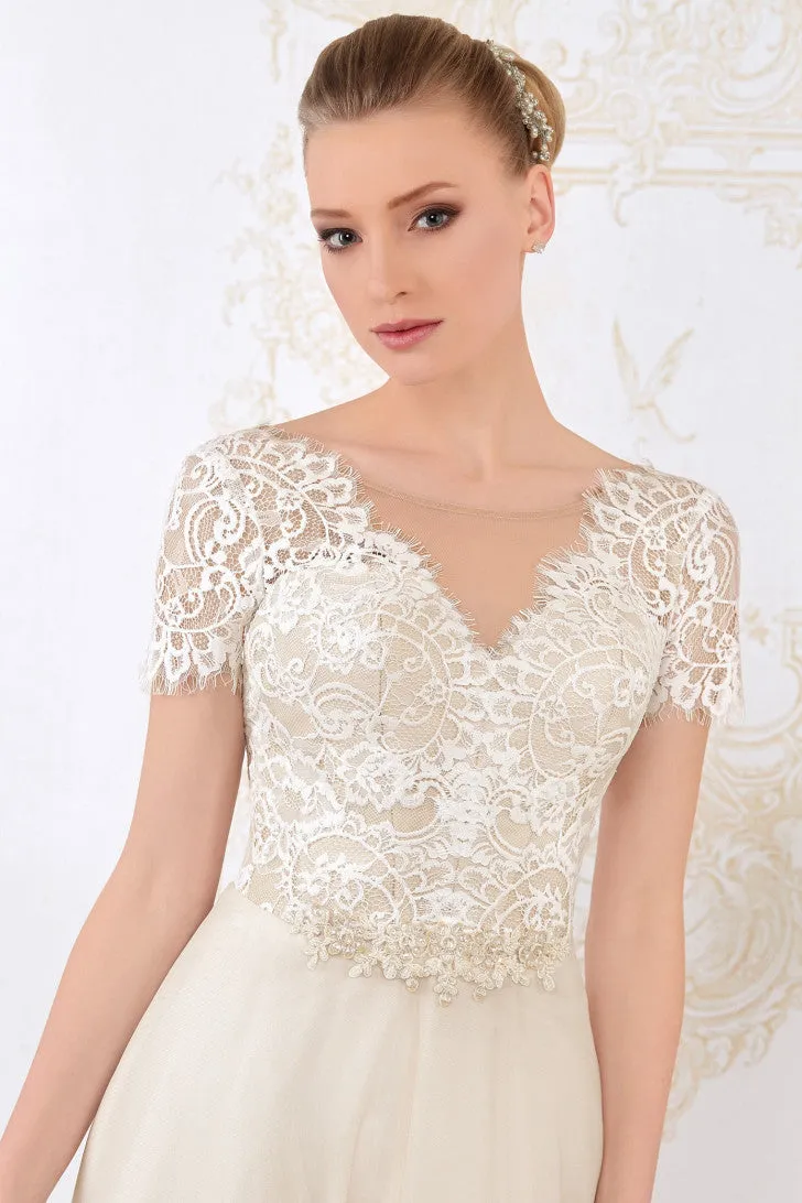 Floor-Length V-Neck Appliqued Short-Sleeve Lace Wedding Dress-MK_706100