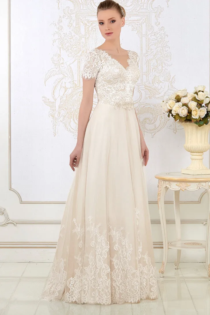 Floor-Length V-Neck Appliqued Short-Sleeve Lace Wedding Dress-MK_706100