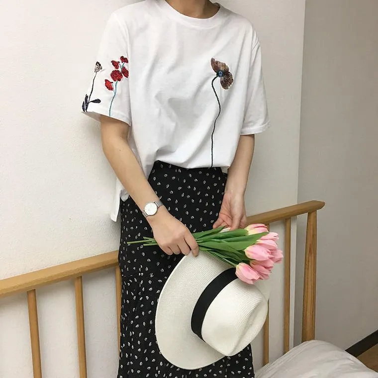 Floral Embroidery Long T-Shirt (2 Colors)
