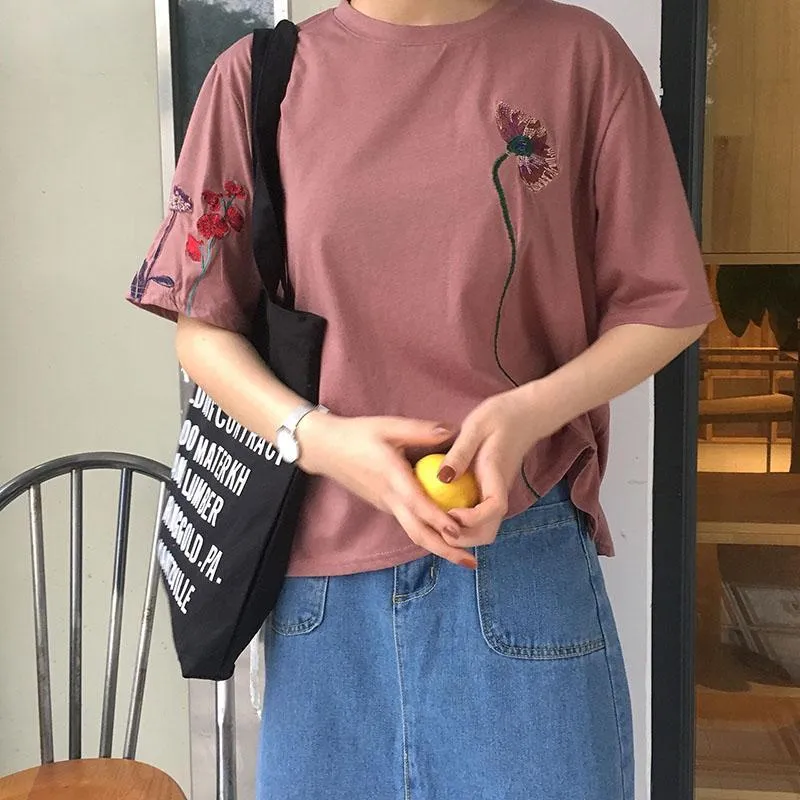 Floral Embroidery Long T-Shirt (2 Colors)