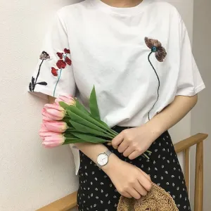 Floral Embroidery Long T-Shirt (2 Colors)