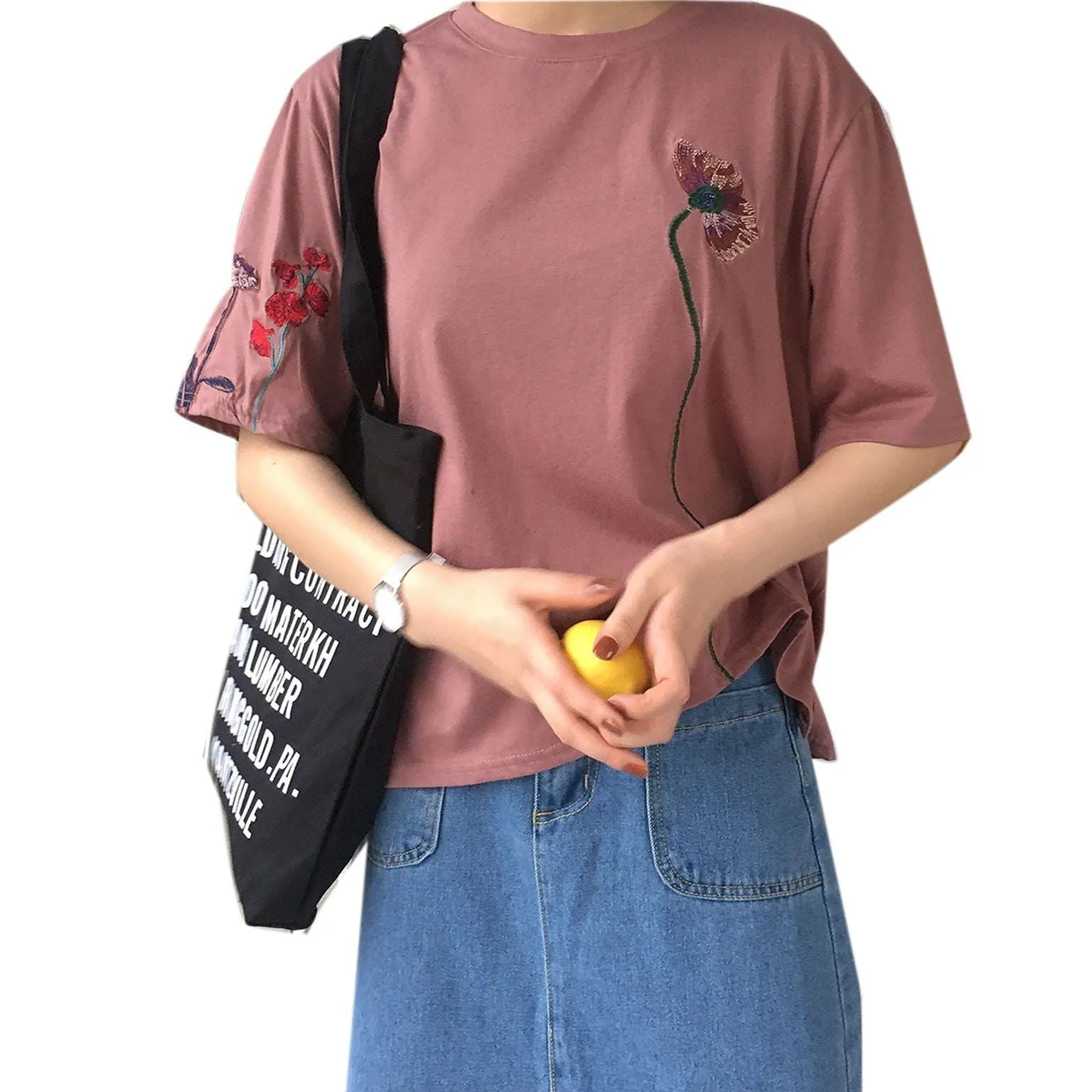 Floral Embroidery Long T-Shirt (2 Colors)