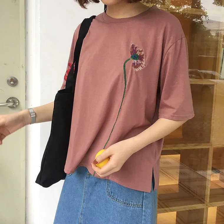 Floral Embroidery Long T-Shirt (2 Colors)
