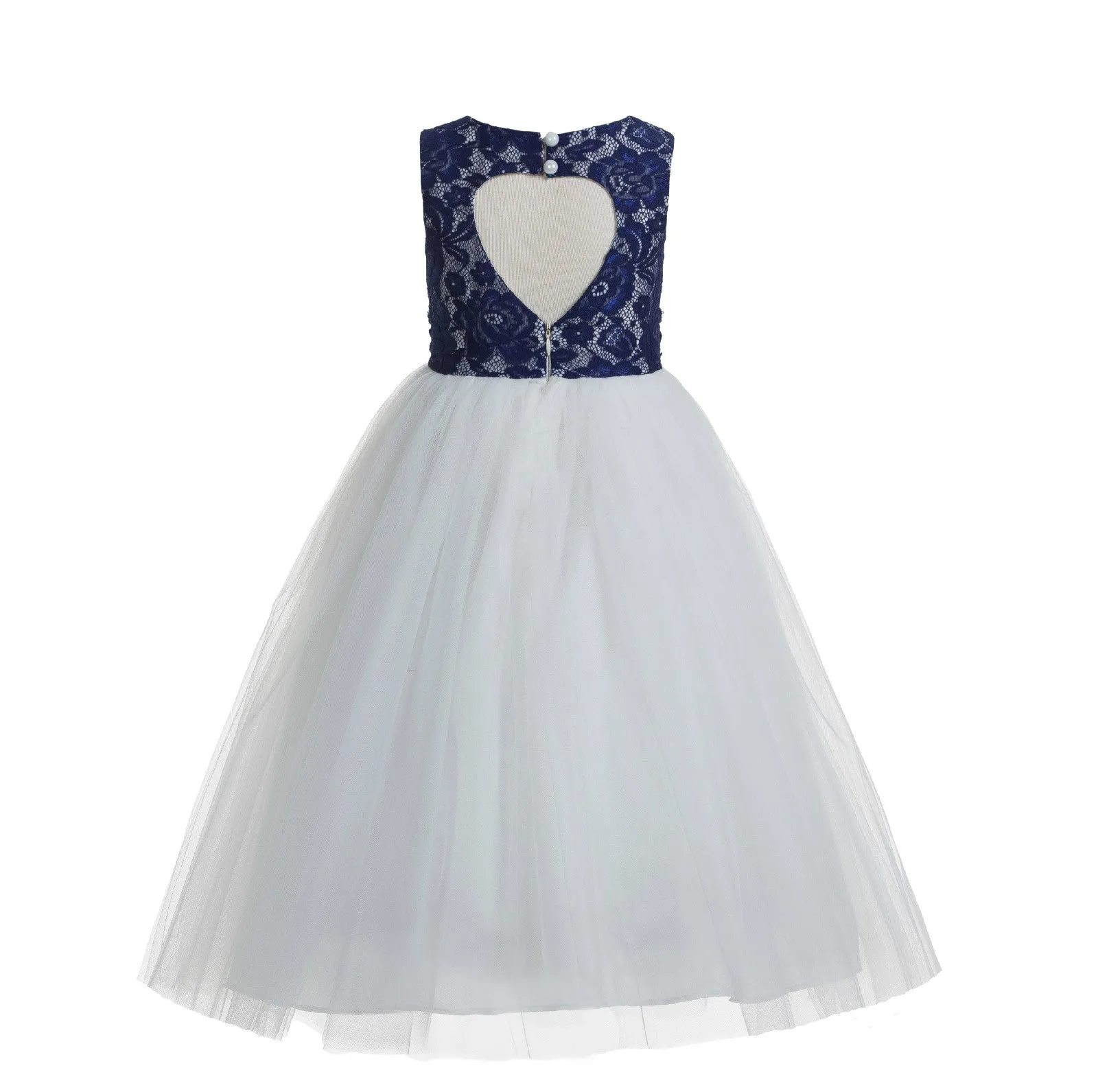 Floral Lace Heart Cutout Flower Girl Dress Junior Pageant Communion Baptism Wedding Tulle Dress 172F