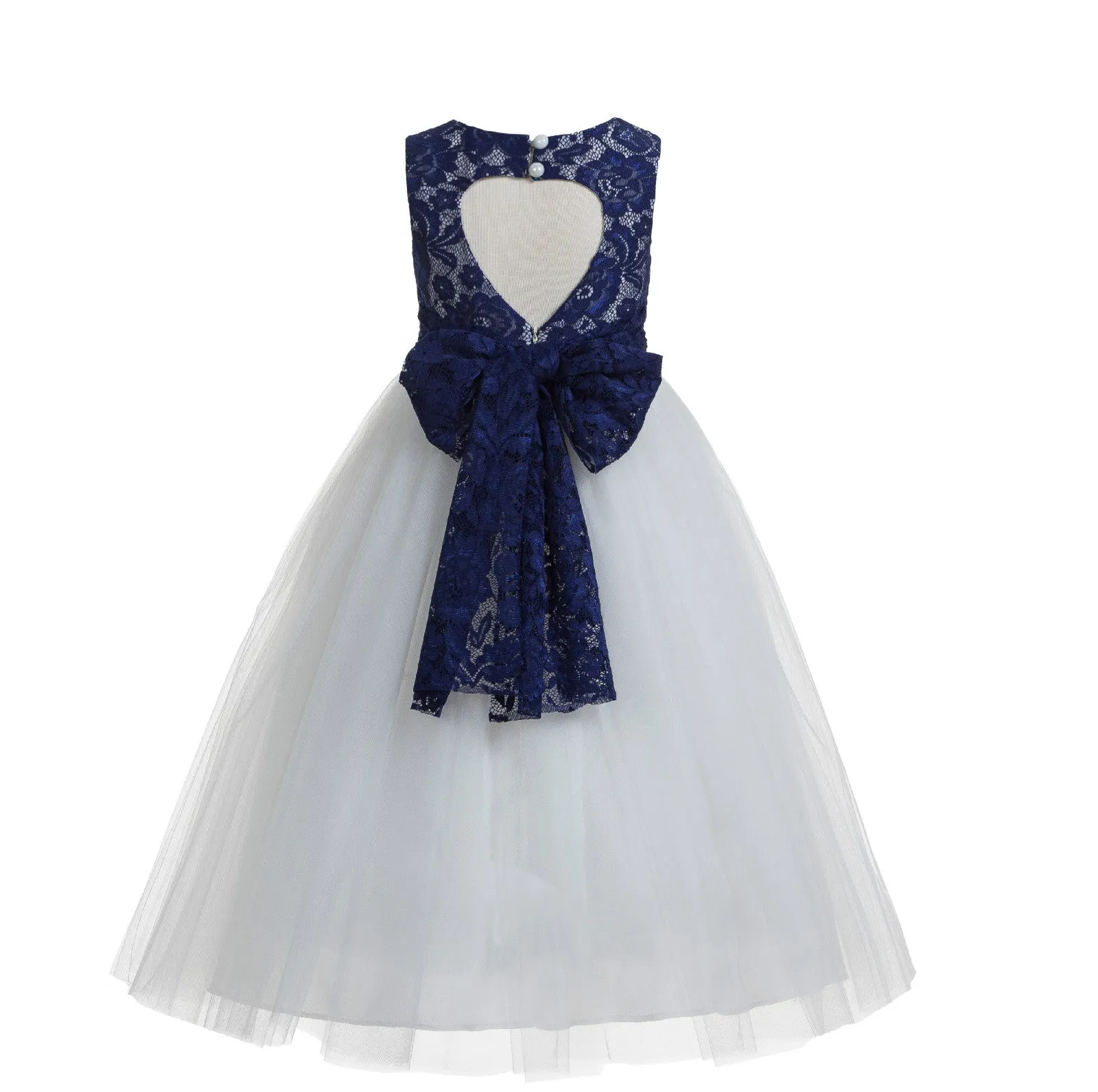 Floral Lace Heart Cutout Flower Girl Dress Junior Pageant Communion Baptism Wedding Tulle Dress 172F