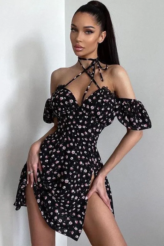 French design floral backless dress