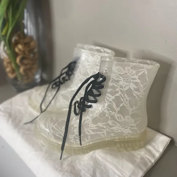 G-SIX WORKSHOP Clear Rubber Combat  Boot White Lace Lace Up Rainboots 40/US10